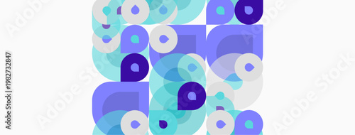 Abstract composition featuring overlapping circles, squares. Shades include blues, purples, whites creating modern aesthetic. Minimalist design.