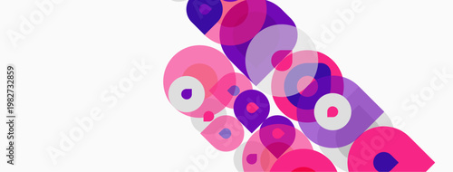 Abstract composition featuring overlapping circles, varying shades purple, pink. Minimalist design, clean lines, modern aesthetic.