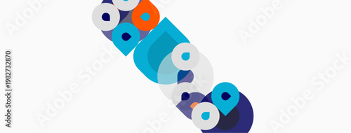 Abstract colorful shapes overlap, creating dynamic composition. Circles, squares, rectangles form playful design. Modern aesthetic.