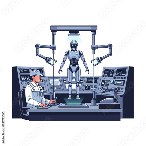 Engineer controlling robot assembly in futuristic control room with robotic arms