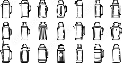 Black and White Line Art Thermos and Vacuum Flask Icons. Hand-drawn Outline Set of Insulated Beverage Bottles and Carafes for Travel, Camping, and Kitchenware.