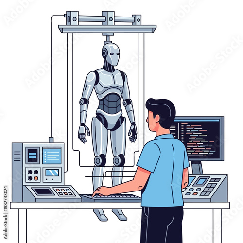 Engineer testing advanced humanoid robot in futuristic laboratory with computer interface