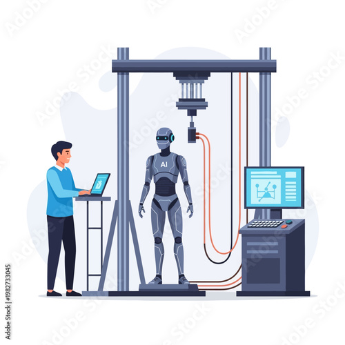 Engineer testing advanced AI robot in futuristic laboratory with computer interface