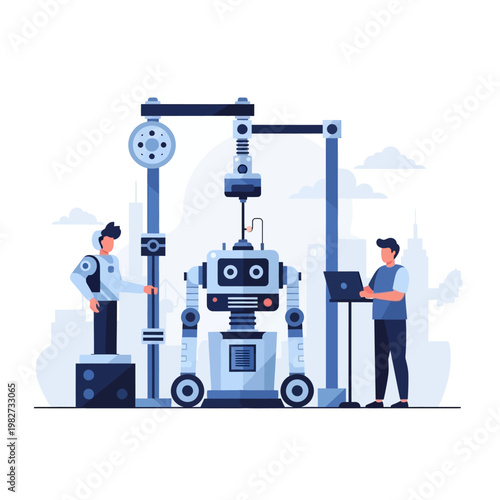 Engineers assembling a robot, futuristic technology, innovation, AI development, urban background