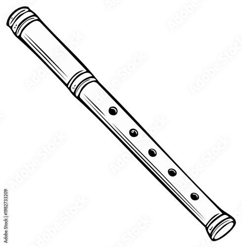 Simple illustration of a wooden recorder instrument, a woodwind musical device with finger holes and a mouthpiece