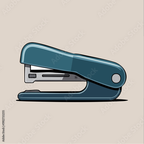 A blue metallic office stapler sits on a flat surface with its metal staple compartment visible.