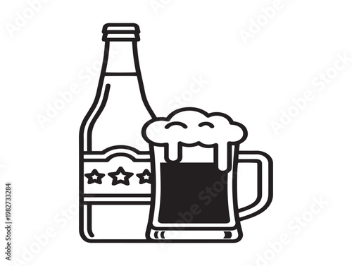 Black and white illustration of a beer bottle and a full mug of beer