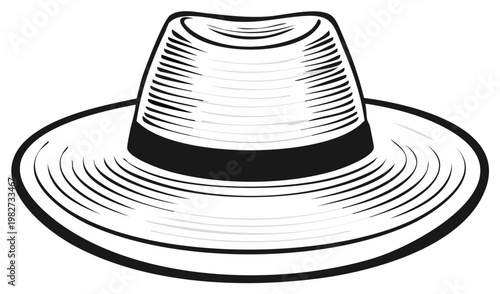 Classic Fedora Hat Silhouette with Textured Crown and Brim Black and White Illustration