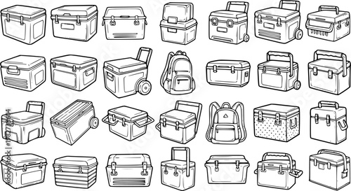 Outdoor Lifestyle Coolers Black  White Line Art. Hand-drawn collection of portable ice chests, insulated containers, and backpack coolers for travel and camping.