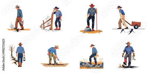 Bilde på lerret Set of eight illustrations depicting a farmer struggling with drought and hard manual labor on a parched land