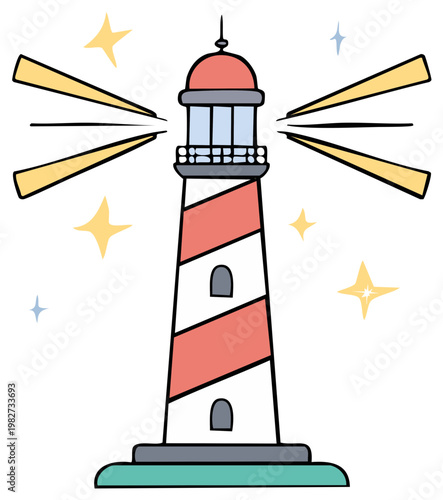 Classic Lighthouse Emitting Bright Light Rays Among Twinkling Stars