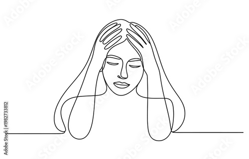 Continuous line drawing of a woman holding her head in stress or pain