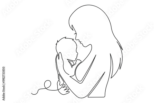 Minimalist maternal love icon with baby one line illustration