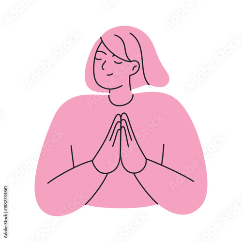 Monochrome woman character with hands clasped in gratitude pose, flat cartoon female in prayer and acceptance gesture. Thankfulness, apology and humility vector illustration