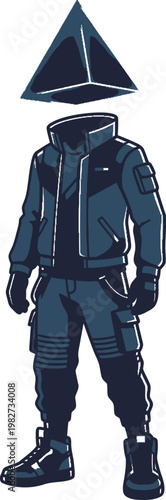 Pixel art character in futuristic tactical gear, detached pyramid helmet, dark blue suit, military style, concept for sci-fi games or media