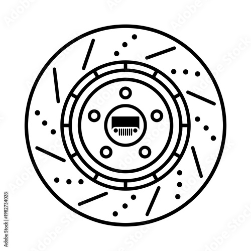 offroad car brake disc icon, automotive spare part, white outline stroke, black background, simple vector