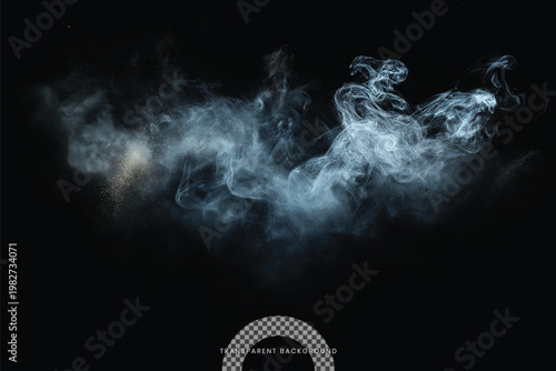 Realistic smoke explosion with particles and sparks isolated on transparent background, dynamic overlay effect for video editing and VFX compositing