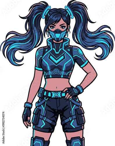 Pixel art cyberpunk girl with glowing blue accents and twin ponytails, futuristic combat gear, concept art for games or digital illustration