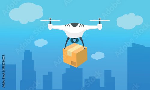 Modern quadcopter drone delivering package above the urban city, future logistics concept.