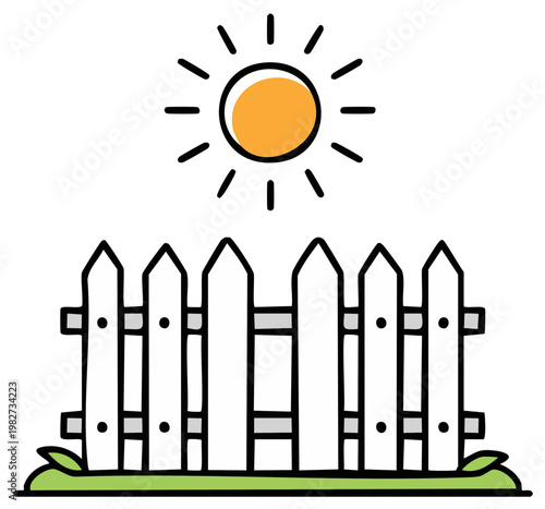 Simple vector fence under a sunny day, outlined style drawing of boundary structure in the sun with greenery