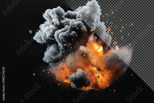 A realistic fire explosion with smoke and debris isolated on transparent background, cinematic blast overlay effect for video editing and VFX compositing