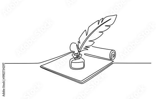 Continuous line drawing of a quill pen with inkwell and a scroll