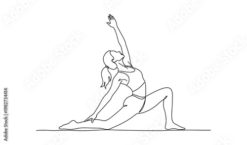 Illustration of a woman in athletic wear performing a yoga pose, stretching one arm upwards and the other downwards, embodying tranquility and flexibility in a minimalist line drawing.