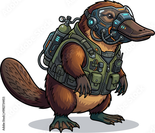 Pixel art platypus in futuristic diving gear, wearing a gas mask and oxygen tank, ready for underwater exploration