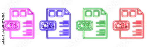 set of colorful neon css file icons representing web development, coding, and digital design technology for modern applications