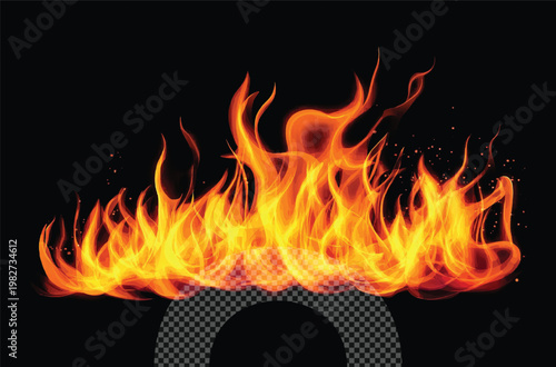 A realistic fire explosion with glowing flames and sparks isolated on transparent background, dynamic overlay effect for video editing and VFX compositing