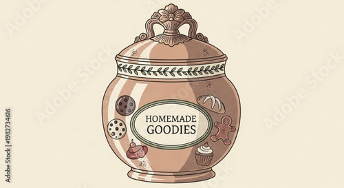 Vintage copper cookie jar with homemade goodies label and decorative lid on beige background
