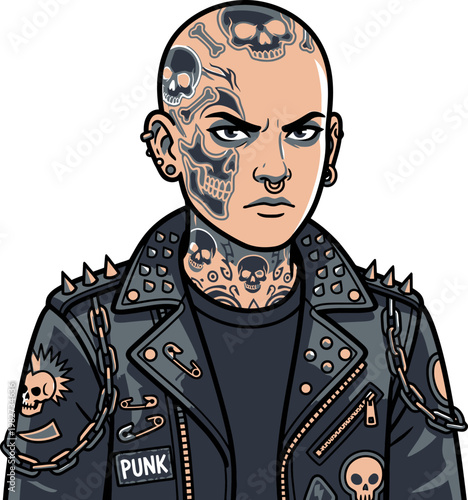 Punk rocker with skull tattoos, piercings, and spiked leather jacket, serious expression, isolated on white background