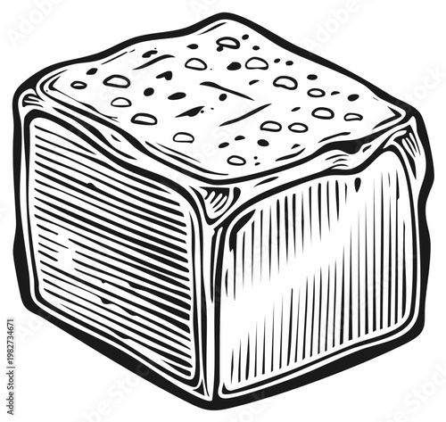 Hand drawn illustration of a textured cube with a speckled surface and defined edges