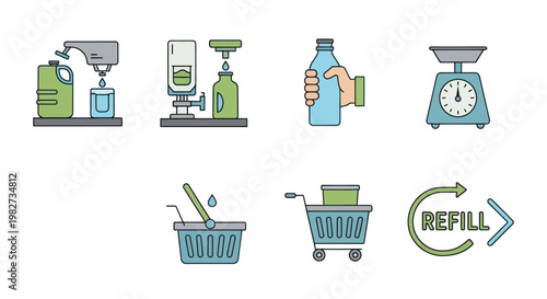 Eco-friendly Refill Concept Icons: Sustainability, Reuse, Recycling, and Shopping