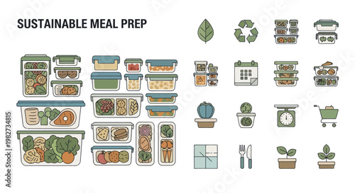 Sustainable Meal Prep Icons: Food Containers, Healthy Meals, Eco-friendly Lifestyle