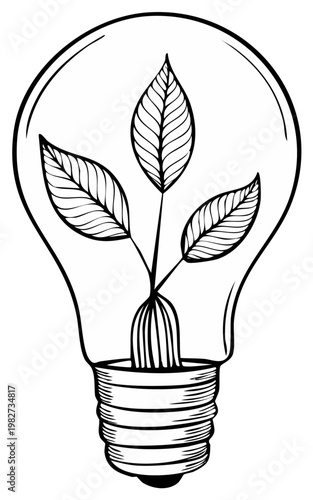 Eco-Friendly Idea: Light Bulb with Leafy Plant Sprout, Symbolizing Sustainable Green Energy and Environmental Awareness in Line Art