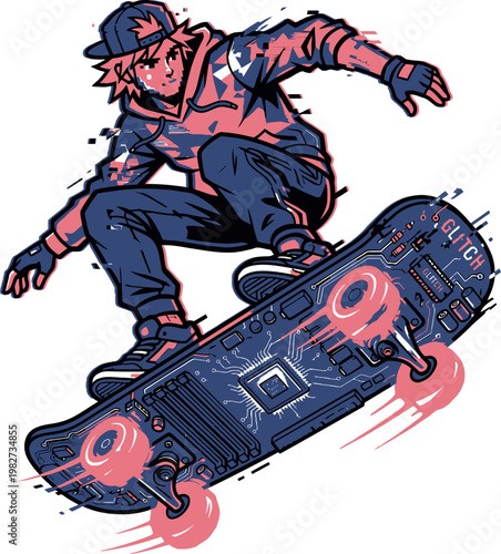 Skateboarder performing aerial trick in dynamic motion, urban streetwear style, energetic graffiti splatters, cool athletic pose, vibrant duo-tone pink and navy blue
