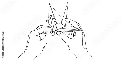 A minimalist black and white line drawing of human hands carefully folding a paper origami crane