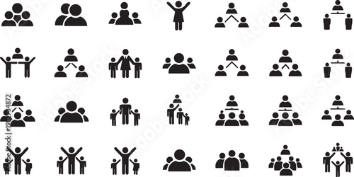Collection of black silhouette icons depicting groups of people and teamwork