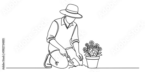 A line art illustration of a gardener wearing a hat kneeling down to plant a flower in a pot