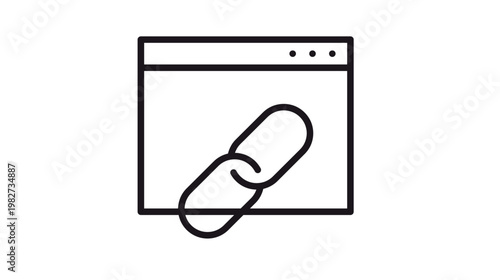 Black vector icon illustration of a web browser window with a link symbol, representing backlinking, URL connection, website linking, and digital networking in a clean minimalist style.