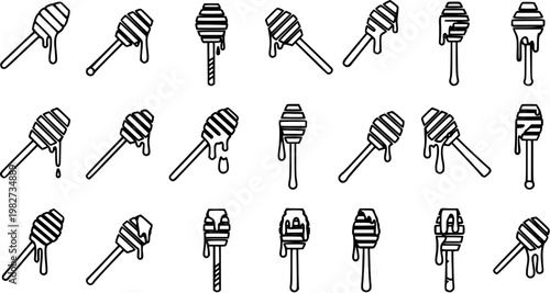 Food  Culinary Black and White Line Art Honey Dipper Vector Icons Set. Outline Honey Wand Collection with Dripping Sweet Nectar for Dessert Designs.