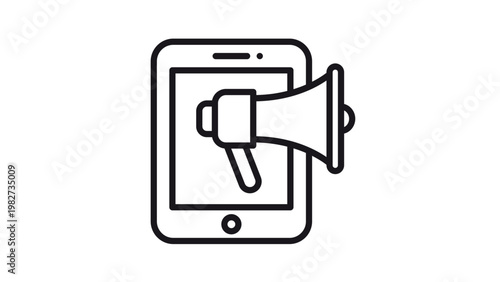 Photos Mobile marketing and digital advertising vector icon illustration featuring a megaphone bullhorn coming out of a smartphone screen, symbolizing social media promotion and online announcements