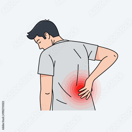 Man with lower back pain, holding his aching back with a red inflamed area