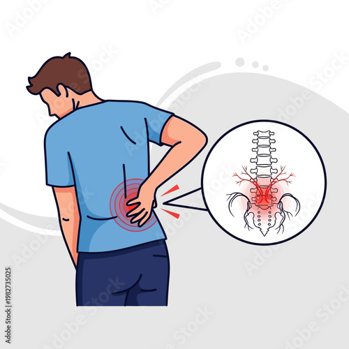 Man with lower back pain, close-up on inflamed spine and nerves