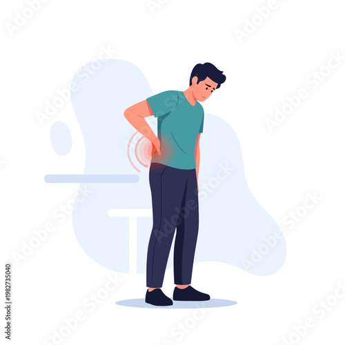 Man with Lower Back Pain, Holding His Back in Discomfort