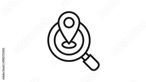 Black line vector icon illustration of a magnifying glass with a map pin location marker inside, representing local search, finding a place, navigation, and discovery on a white background.