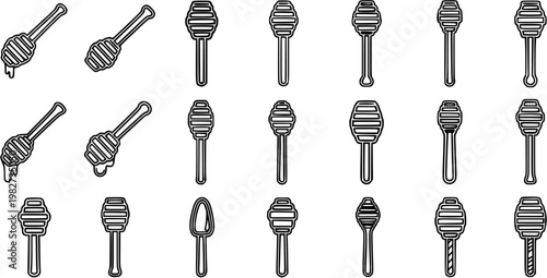 Food and Culinary Honey Dippers Wands Outline Icons Set. Black and White Line Art Vector Collection of Kitchen Sweet Honey Utensils.