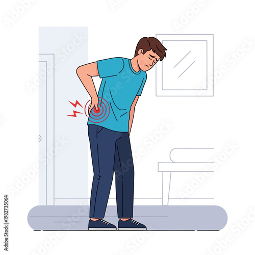 Man with Lower Back Pain, Holding His Spine, Experiencing Discomfort