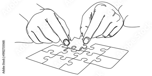 A black and white line drawing of human hands carefully placing a single piece into a puzzle.